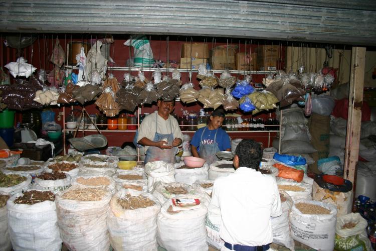 Ein mit Gewürzen und Kräutern überladener Marktstand in Masaya, das 40 km außerhalb San Marcos liegt. Ein freundlicher Verkäufer erklärt die Herkunft und Verwendungszwecke seiner Ware 