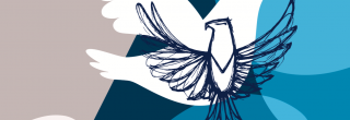 Das Logo des Erinnerungsprojektes "Von Feinden zu Freunden". Die Friedenstaube vor blau-grauem Hintergrund