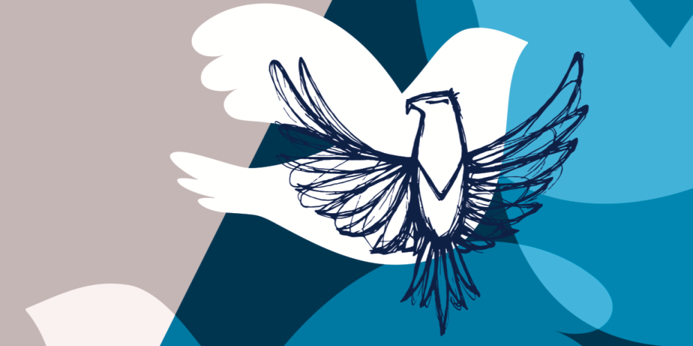 Das Logo des Erinnerungsprojektes "Von Feinden zu Freunden". Die Friedenstaube vor blau-grauem Hintergrund
