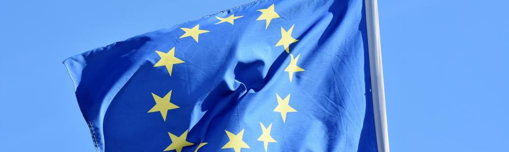 Flagge der Europäischen Union. Blauer Grund mit 12 gelben Sternen die im Kreis angeordnet sind.